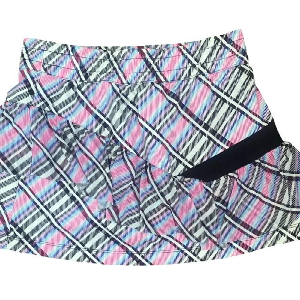 Lucky in Love Pink and Black Plaid Skort - S pink black plaid nylon spandex